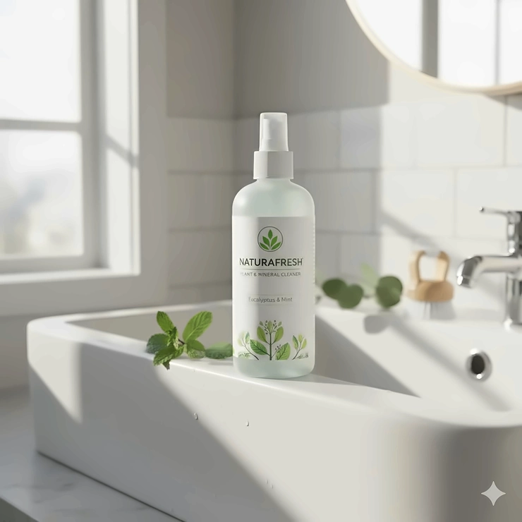 Plant based bathroom cleaner bottle with natural ingredients visible on a sparkling clean sink.