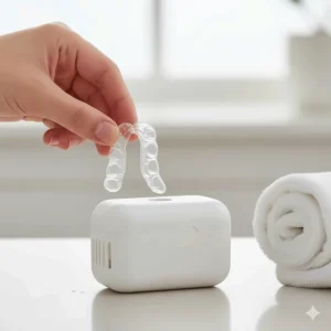 An image of a clean, dry night guard being placed into a clean, vented storage case to prevent moisture build-up.