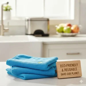 An eco-friendly alternative: A durable and reusable microfiber cleaning cloth reducing waste in the kitchen.