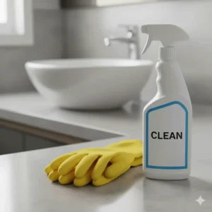 Durable rubber gloves and a spray bottle of cleaner, important protective gear when using bathroom cleaning utensils.