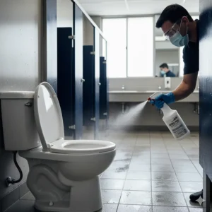 Professional spraying a powerful commercial bathroom cleaner to disinfect and sanitize a public restroom toilet.