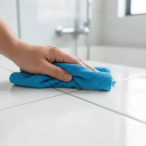 A textured microfiber cloth being used for scrubbing bathroom tiles and grout lines effectively.