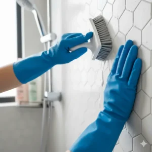 A gloved hand scrubbing a shower or tub, showing the glove’s textured grip on a sponge or brush.