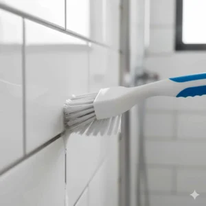 Detailed view of a small grout cleaning brush designed with stiff bristles to tackle mold and mildew between tiles.