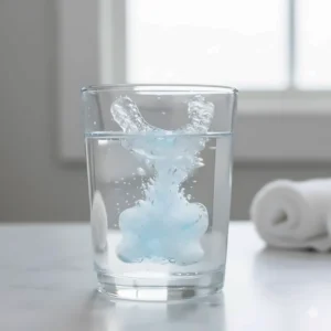 Diagram of a night guard soaking in a cup of water with a specialized denture cleaning tablet, one of the most effective ways to sanitize it.