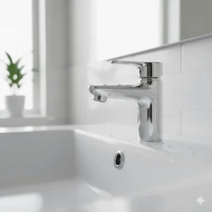 A glossy faucet and sink that is sparkling clean after using the Method cleaner bathroom spray.