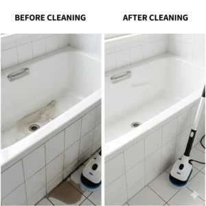 Before and after view of a bathtub cleaned thoroughly with the rotating brush of the bathroom cleaning machine.