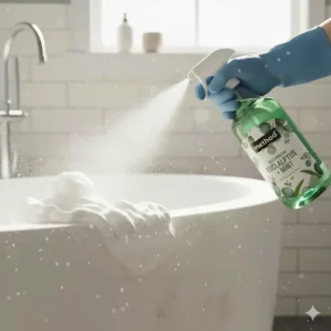 A hand in a glove spraying Method cleaner foam onto a bathtub to easily remove soap scum and grime.