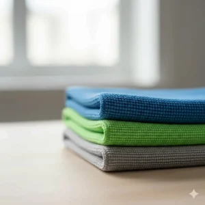 Image of a neatly stacked pack of colorful microfiber cloths—perfect for distinguishing different uses (e.g., blue for glass, green for general cleaning).