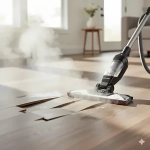 A cautionary image depicting a steam mop being used on LVP, illustrating why steam is not recommended as it can damage the wear layer.