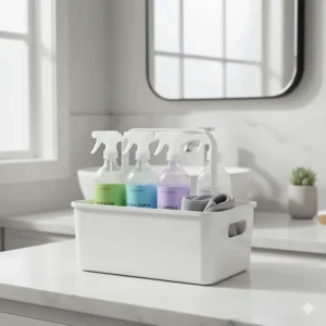 The complete set of cleaning tools and sprays from the bathroom cleaner kit neatly organized in a handy storage caddy.