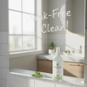 Sparking, streak-free mirror reflecting a bathroom after cleaning with a plant based product.
