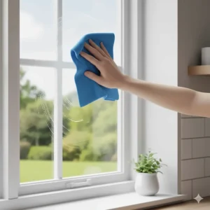 Using the microfiber cloth to wipe down a kitchen window or glass stovetop without leaving any streaks.