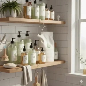 A tidy shelf with various refillable plant based cleaning supplies and scrub brushes.