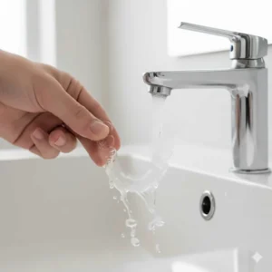 A hand holding a night guard under a faucet, emphasizing the importance of thoroughly rinsing the appliance after cleaning.