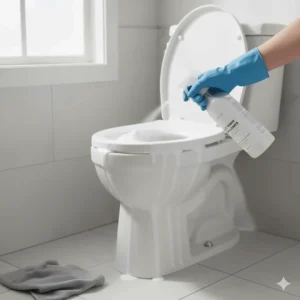 Using the specialized toilet bowl foam cleaner that is part of the comprehensive bathroom cleaner kit.