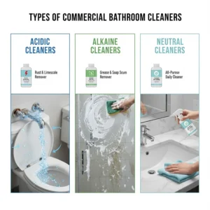 Diagram illustrating the different types of commercial bathroom cleaners, including acidic, alkaline, and neutral formulas.