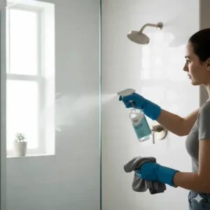 A person effortlessly cleaning a glass shower door with the streak-free spray from the bathroom cleaner kit.