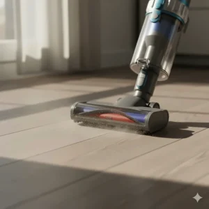 Close-up of a lightweight vacuum cleaner with a soft brush attachment removing dust and debris from LVP flooring before wet mopping.