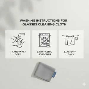 Simple icons detailing the best way to wash and dry the fabric to clean glasses without fabric softener.