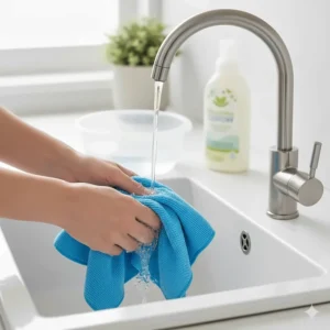 Properly washing and caring for the reusable microfiber cleaning cloth for the kitchen to maintain its effectiveness.