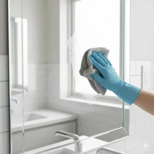 A streak-free bathroom mirror after being cleaned with a specialized cleaning wipe.