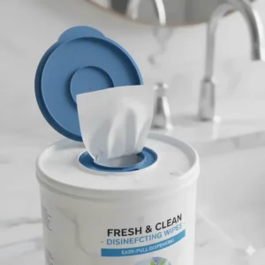 Close-up shot of the pop-up dispenser on a tub of cleaning wipes, showing easy retrieval.