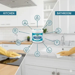 An infographic illustrating how multi-surface cleaning wipes can be used in both the kitchen and bathroom.