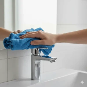 Polishing a shiny chrome bathroom faucet with a specialized microfiber cloth for cleaning to remove water spots.