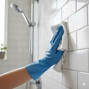 A person wiping a shower tile with a cloth after applying Method cleaner to remove hard water stains.