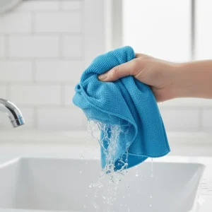 Hand wringing out a wet, reusable microfiber cloth after bathroom cleaning to show reusability.
