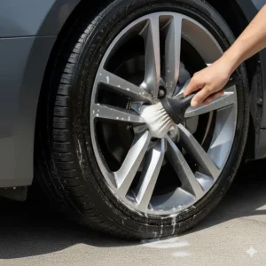 An angled-handle brush used to clean the back of wheel spokes and hard-to-reach rim areas.