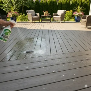 Using a pump sprayer to apply the non-toxic composite deck cleaner solution evenly across the decking boards.