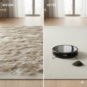 A split "Before and After" view, showcasing a floor heavily coated in pet hair next to the same area spotlessly cleaned by the eufy robot vacuum.