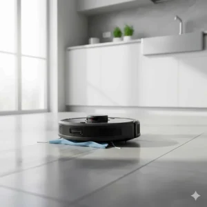 A 2-in-1 budget robot vacuum and mop hybrid cleaning a tiled kitchen floor.