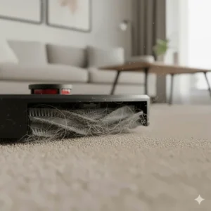 Close-up of a budget robot vacuum brush roll removing cat and dog hair from a low-pile carpet.