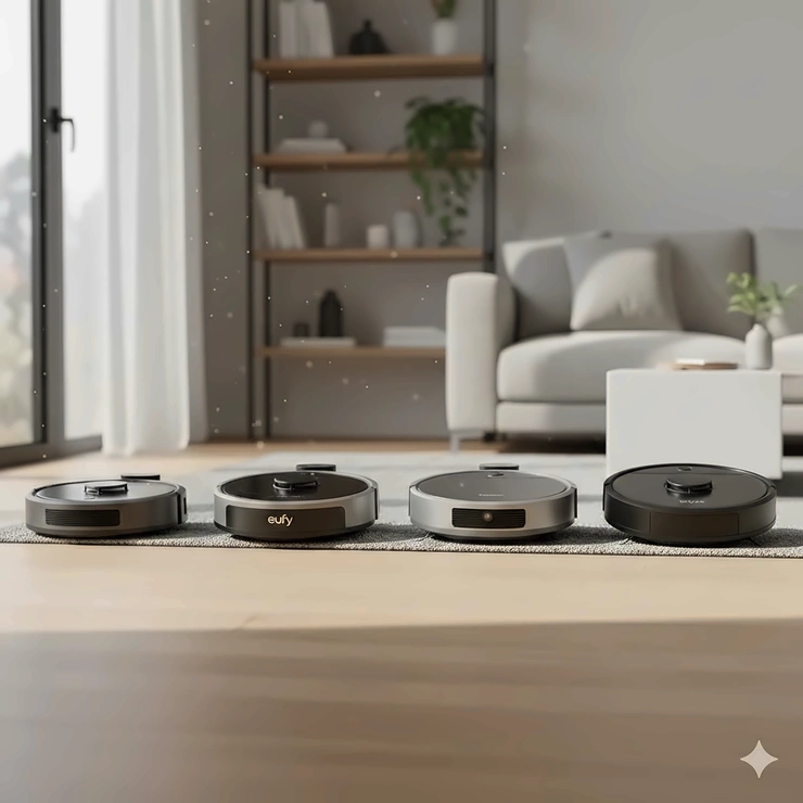 A comparison of the best budget robot vacuums under $200 including models from iRobot, Eufy, and Tapo on a modern living room floor. best budget robot vacuum under $200