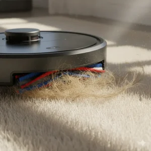 Close-up illustration of a tangle-free brush roll removing dog hair from a rug without clogging.