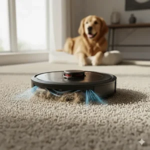 A self-emptying robot vacuum picking up dog hair on a thick area rug.