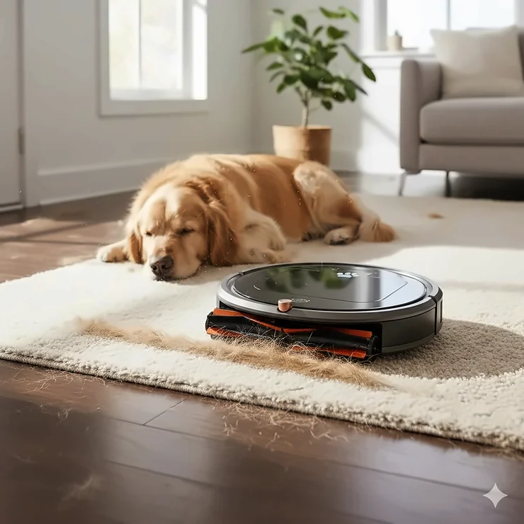 A high-performance robot vacuum cleaning Golden Retriever fur on a hardwood floor, representing the best robot vacuum for pet hair in 2025.
