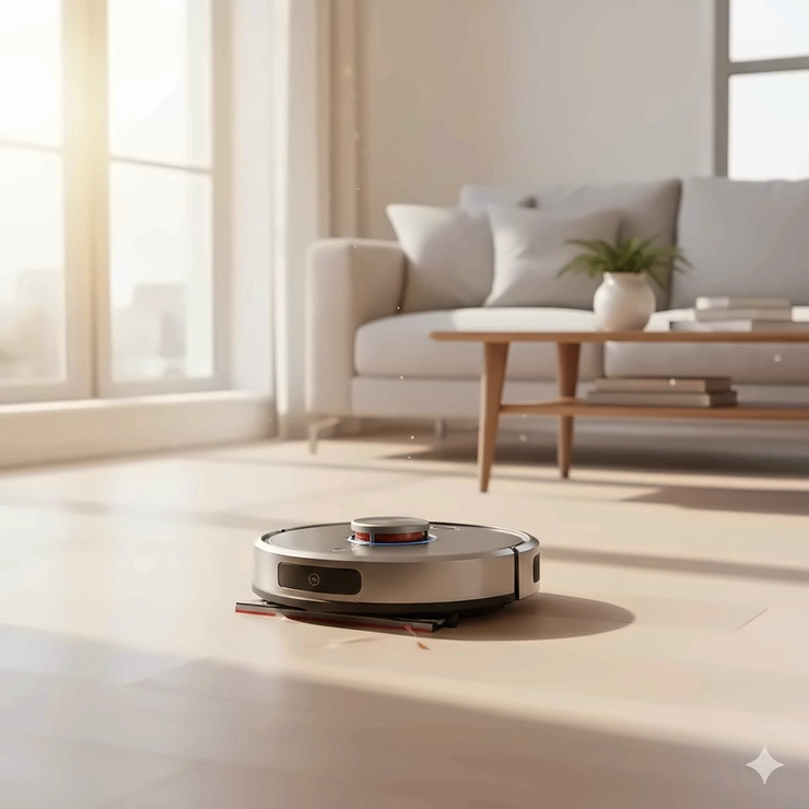 A high-end robot vacuum mop combo cleaning a modern hardwood living room floor near a sofa.