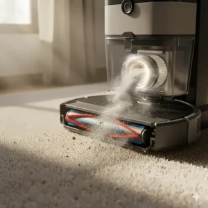 Illustration of a robot vacuum's high-suction motor lifting debris from deep carpet fibers.