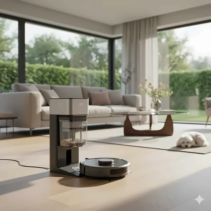 A high-end self-emptying robot vacuum docking at its clean base in a modern living room. best self emptying robot vacuum