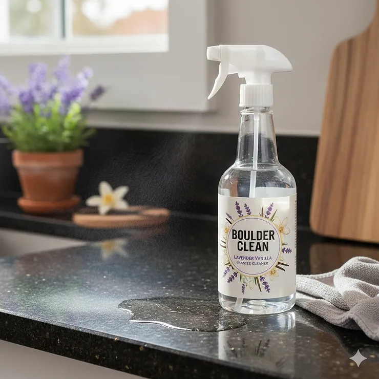 Boulder Clean Lavender Vanilla Granite cleaner spray bottle sitting on a polished granite countertop, highlighting a streak-free shine.