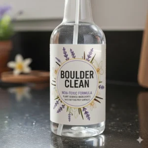 The bottle label emphasizing the non-toxic and plant-derived ingredients of the Boulder Clean formula, safe for kitchens.
