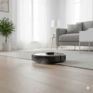 Robot vacuum transitioning smoothly from hardwood floor to a low-pile carpet to demonstrate floor adaptability.