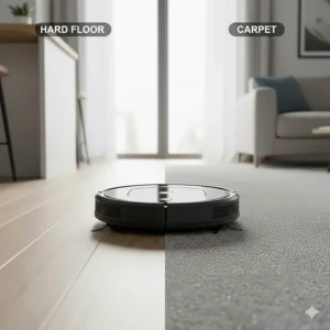 An affordable robot vacuum transitioning smoothly from hardwood flooring to carpeted surfaces.