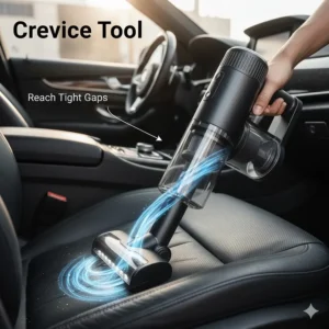 Slim crevice tool attachment on a handheld vacuum reaching between car seat gaps.