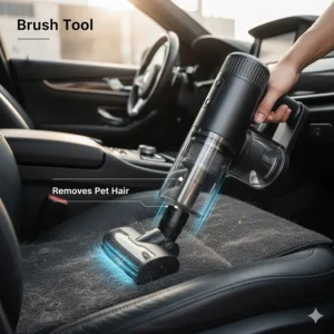 Handheld vacuum with a motorized brush tool removing pet hair from car floor mats.