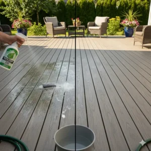 A close-up view of a clean composite deck section contrasting with the dirty, uncleaned section, demonstrating the effectiveness of the composite deck cleaner.